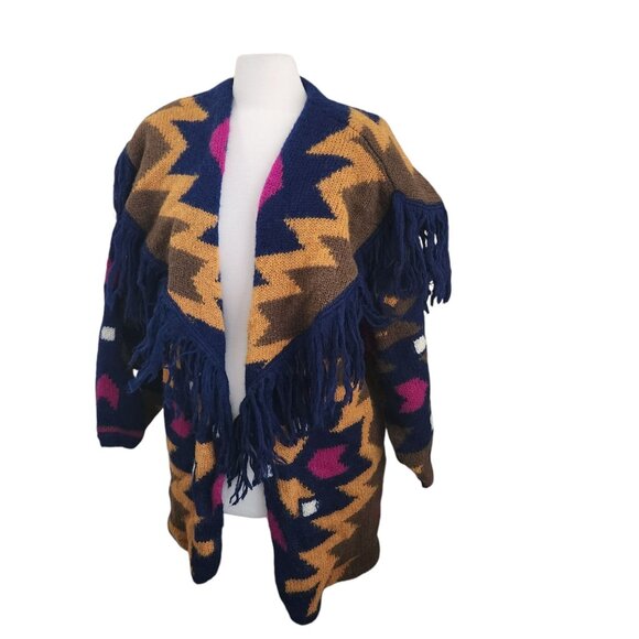 Vintage 90s Oversized Mohair Cardigan Sweater M Fringe Fuzzy Southwestern - Picture 2 of 16